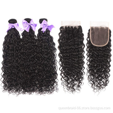Brazilian Virgin Human Hair Ocean Wave Bundles With Closure Unprocessed Curly Human Hair Bundles Water Wave Extensions With Lace